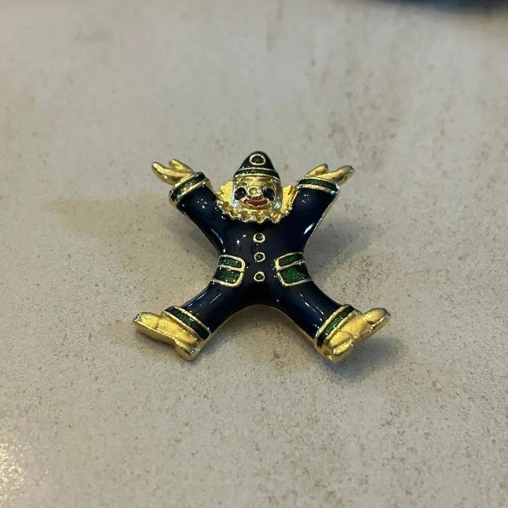 Vintage Enamel Clown Brooch – Navy Blue & Gold-Tone Whimsical Figural Pin